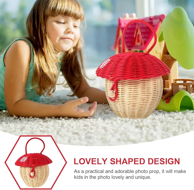 TEHAUX Rattan Mushroom Basket with Lid, Handwoven Rattan Storage Basket Decorative Straw Bag Box Organizer Prop for Room Decor Desktop Props Christmas