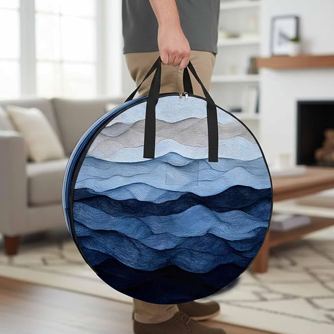 Abstract Art Ocean Round Storage Bag 36 Inch, Gradient Blue Impressionist Style Clothes Storage Container with Handles Heavy Duty Organizer for Comforter, Bedding & Holiday Wreaths