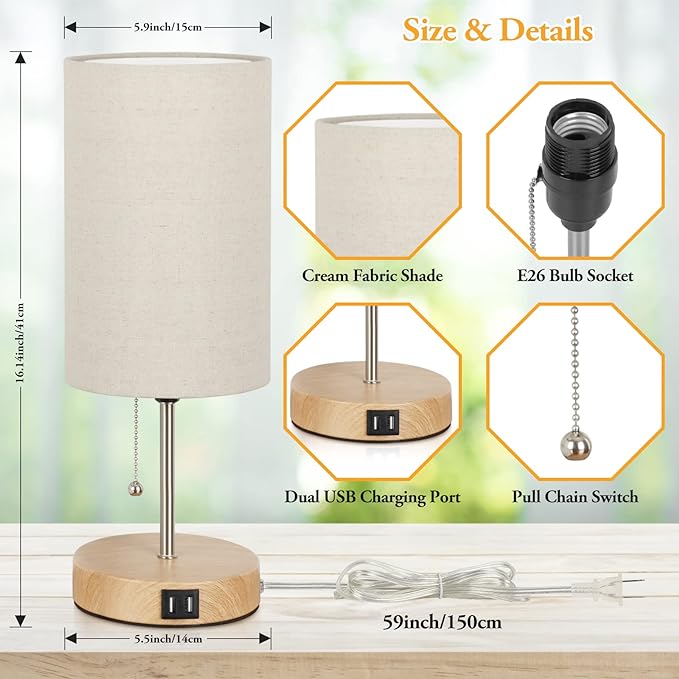 Lakumu Set of 2 Table Lamps with 2 USB Ports, Modern Bedside, Desk Lamps with Pull Chain, Nightstand Lamps with Cream Fabric Shade and Oak Metal Base for Living Room Bedroom Office Reading Dorm Hotel