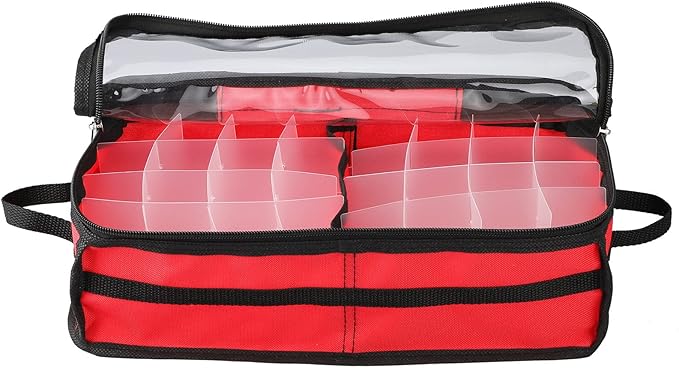 Ornament Storage Box Under Bed 64 Cell Partition 600D Oxford PVC Transparent Window 61x30.5x15cm (Red)