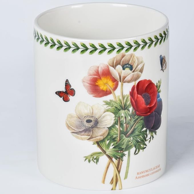 Floral Kitchen Utensil Holder, 7.1 Inch Large Ceramic Crock, Sunflower Pattern, White Kitchen Counter Organizer (Papaver rhoeas)