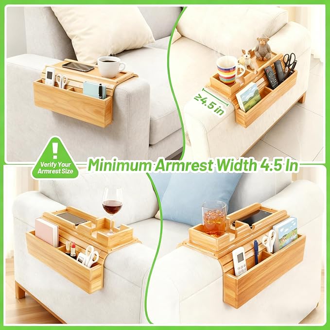 Bamboo Couch Arm Tray Sofa Armrest Tray Cup Holder,2-in-1 Couch Armrest Tray with Slide Detachable Tray,Couch Caddy,Slip Foldable Sofa Table,Phone Stand,Book Holder (Bamboo)