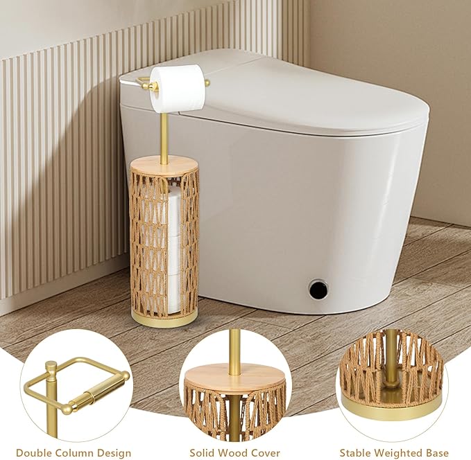 Trongee Freestanding Toilet Paper Holder with Storage,3 Rolls of Boho Toilet Paper Holder Stand with Lid,Gold Toilet Tissue Holder Stand Rattan Paper Storage Wicker Toilet Roll Holder Basket