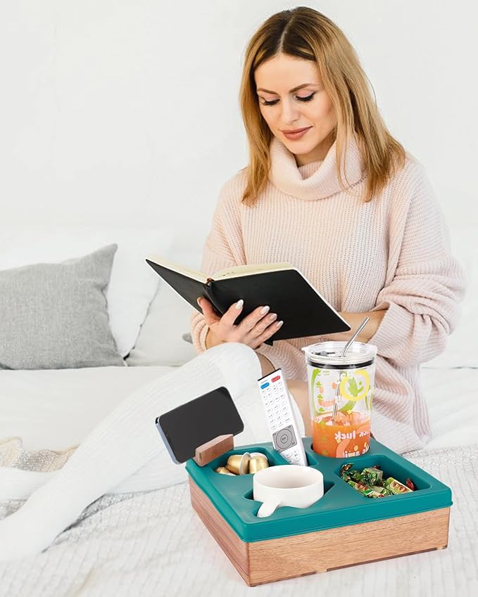 Couch Cup Holder Tray, Silicone Wooden Couch Caddy with Cup Holder for Snacks, Drinks, Remotes, Waterproof Cup Holder for Couch, Organizer, Couch Drink Holder, Easter Gifts