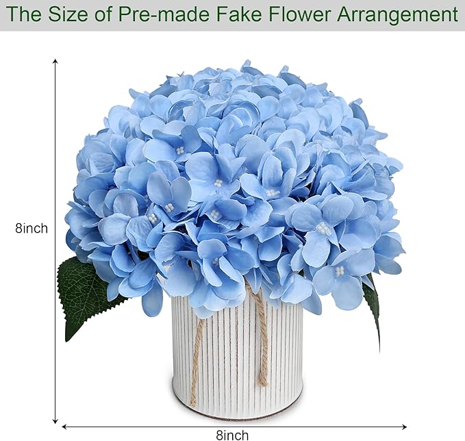 Flower Table Centerpieces - Set of 6 Floral Arrangement Artificial Wedding Hydrangeas Floral Arrangement with Rustic Metal Vase for Bridal Tea Party Event Decorations - Pastel Blue