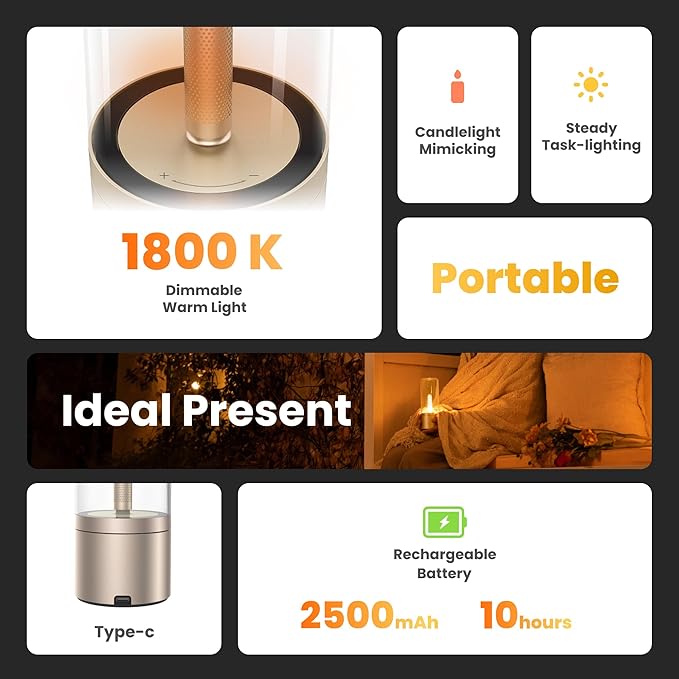 Small Table Lamp for Bedroom, Dimmable LED Night Light, Rechargeable Modern Candle Lamps for Living Room, 1800K Warm Light Portable Cordless Candlelight Gifts for Women, Home, Desk, Office, Room Decor
