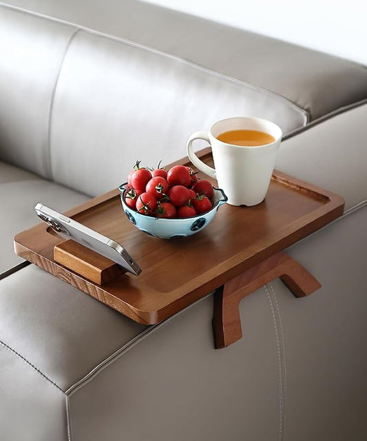 BAMBOO LAND- Couch Arm Tray, Wooden Folding Couch Armrest Table, Rectangular Clip-On Sofa Arm Tray with 360° Rotating Phone Holder