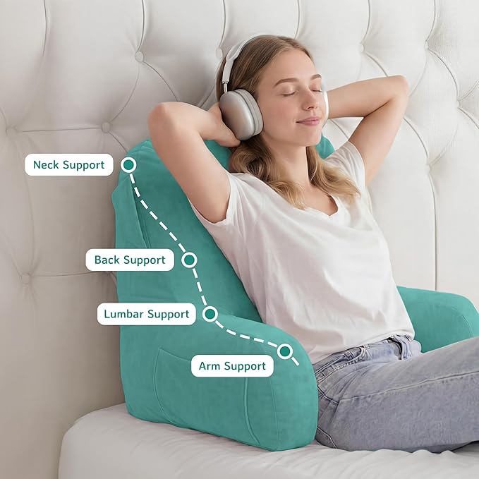 Unisakey Portable Comfy Reading Pillows for Bed Sitting Up(Lake Blue Oeko-Tex), Velvet Back Pillow with Arms & Pockets for Adults, Support Memory Foam Bed Pillow for Dorm/Reading/Watching/Gaming