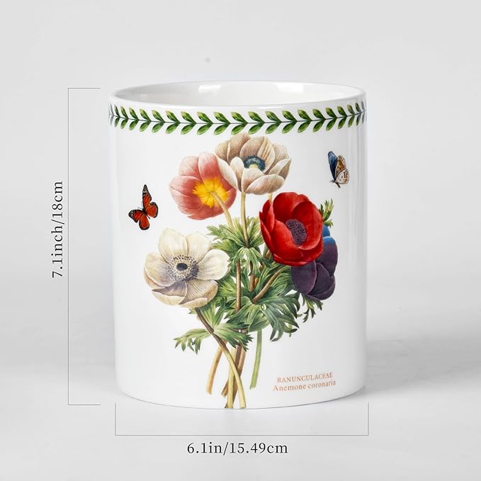 Floral Kitchen Utensil Holder, 7.1 Inch Large Ceramic Crock, Sunflower Pattern, White Kitchen Counter Organizer (Papaver rhoeas)