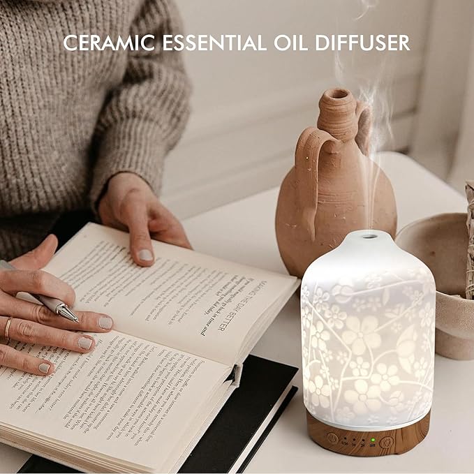 Essential Oil Diffuser Ceramic Diffuser -Aromatherapy Diffuser for Essential Oils with Timer and 7 Colors LED Light Ultrasonic Diffuser with Auto Shut-Off, Home Office Decor&Gift (Blossom-150ml)