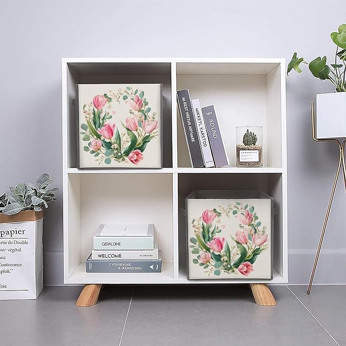 Watercolor Floral Wreath with Pink Tulips Cube Storage Bins Storage Cubes Foldable Decorative Fabric Storage Baskets Home Organizers with Handles for Shelves,Closet, 10.6 X 10.6 Inch