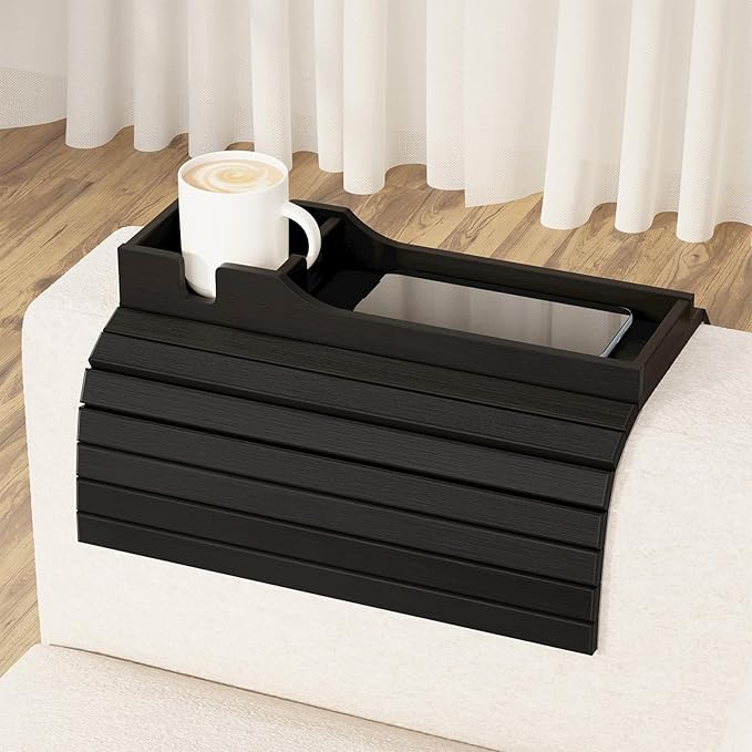 SpaceAid Bamboo Couch Cup Holder, Anti Falling Foldable Sofa Armrest Tray with Cup Holder, Couch Arm Side Table Organizer for Drink Cup Remote Snacks (Black)