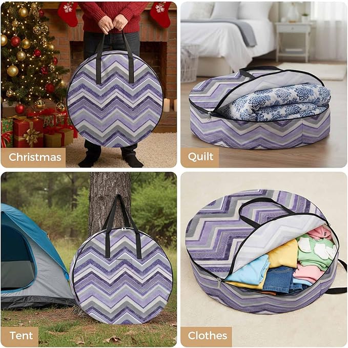 Storage Bag Purple Grey Chevron Round Storage Totes Bins Closet Organizers with Zippers & Handle Geometric Design Stripe Clothes Storage Container for Bedroom Dorm Space Saving Packing Supplies Bags