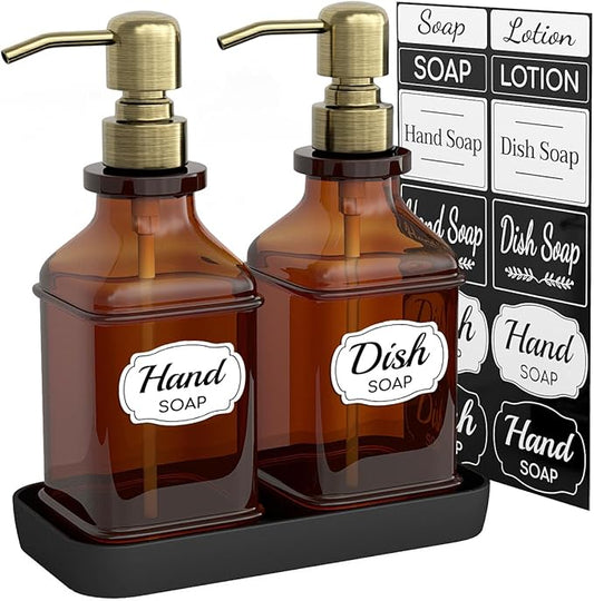 LMQML Soap Dispenser - 2 Pack, Antique Design Thick Amber Glass Hand Soap Dispensers with Sturdy Tray; 304 Rust Proof Stainless Steel Black Pump, 12Pcs Stickers, for Kitchen, Bathroom - Brushed Gold