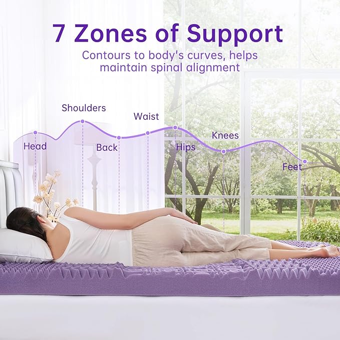 MUXHOMO 3-Inch King Mattress Topper, 7-Zone Egg Crate Memory Foam for Back Pain Relief, Cooling Gel-Infused Lavender Bed Pad, CertiPUR-US & Oeko-TEX Certified