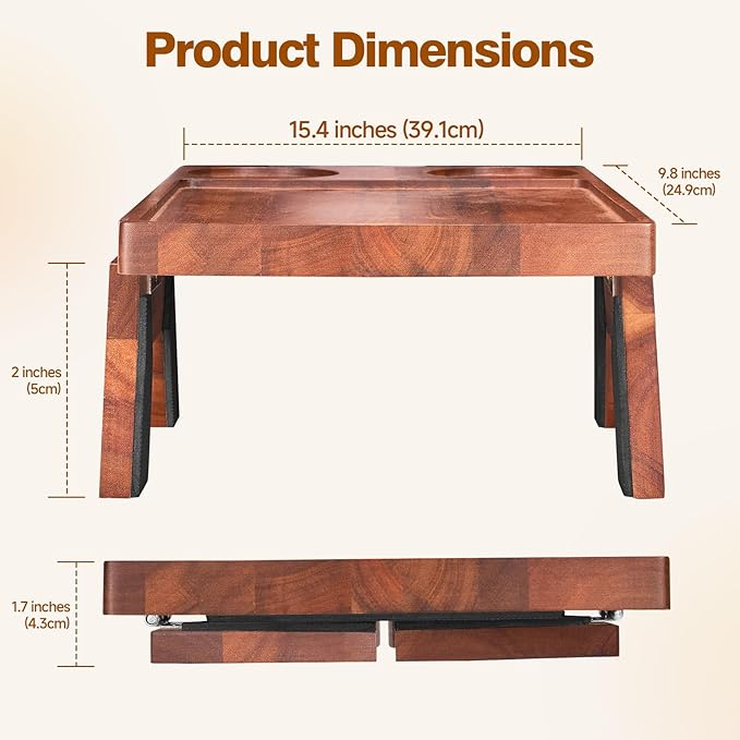VANGONA Couch Armrest Table, Foldable Side Tray Table for Couch, 360°Rotating Cup & Phone Holder Tray, Anti-Slip Snack Caddy for Sofa, Bedroom, Living Room, Acacia Wood, for Mom, Dad