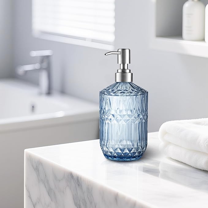 Kaishun 13 Oz Refillable Soap Dispenser, Glass Soap Dispenser for Dispense Hand Soap, Dish Soap, Lotion 2pack (Blue)