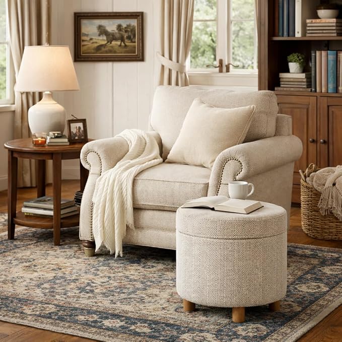 Homepop Home Decor | Upholstered Round Storage Ottoman | Ottoman with Storage for Living Room & Bedroom, Cream Chevron Woven