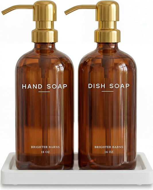 Luxury Glass Hand and Dish Soap Dispenser Set with Tray by Brighter Barns - Kitchen Soap Dispenser with Tray and Pump for Kitchen Sink - Luxury Home Decor for Airbnb, Restaurant, Hotel (Amber/Gold)