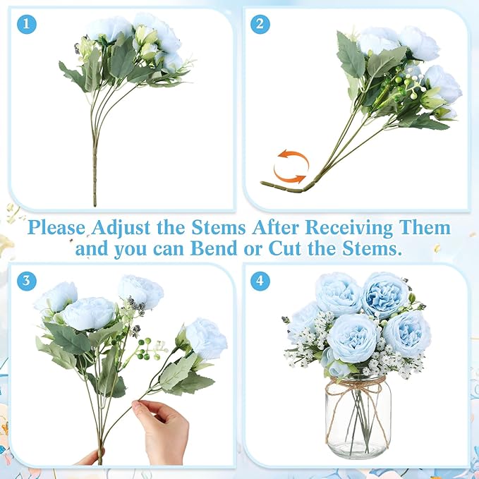 Zeyune 12 Sets Mason Jar Centerpiece Table Decorations, Artificial Peony Baby's Breath Flower Bouquets, Faux Flowers with Vase, Rustic Decor Gifts for Home, Wedding, Holiday (Blue)