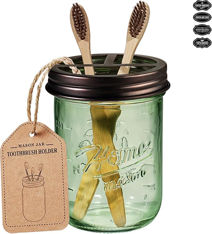 SheeChung Mason Jar Toothbrush Holder, Green Glass Toothbrush Holder for Bathroom Countertop Organizer, Stainless Steel Lid, Electric Toothbrush Toothpaste Holder Storage, Bronze Bathroom Accessories
