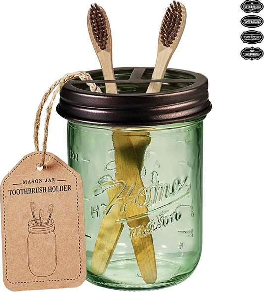 SheeChung Mason Jar Toothbrush Holder, Green Glass Toothbrush Holder for Bathroom Countertop Organizer, Stainless Steel Lid, Electric Toothbrush Toothpaste Holder Storage, Bronze Bathroom Accessories