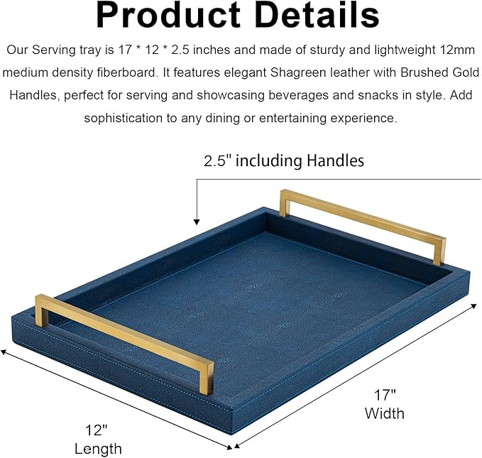 XIGEXIGE Navy Blue Decorative Serving Tray, Shagreen Leather Coffee Table Tray, Rectangle for Home Decor