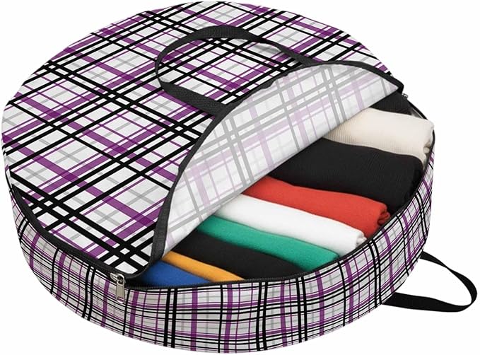 Storage Bag Purple Black Buffalo Plaid Round Storage Totes Bins Closet Organizers with Zippers & Handle Check Stripe Clothes Storage Container for Bedroom Dorm Space Saving Packing Supplies Bags