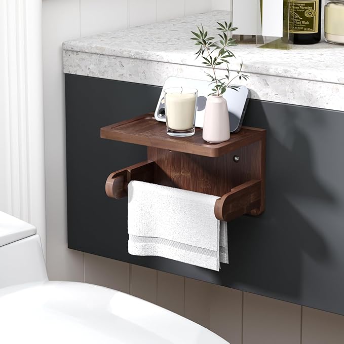 VERTORGAN 2 Pack Toilet Paper Holder with Phone Shelf,Bamboo Wall Mounted Tissue Roll Holder for Bathroom(Brown)