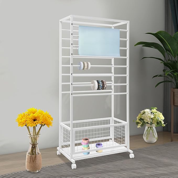 Mobile Ribbon Holder Double-Sided Ribbon Organizer Rack with 16 Hanging Rods Multifunctional Flower Wrapping Paper Storage Stand with Lockable Wheels Wrapping Paper Rack (26.38*12.99*59.06in, White)