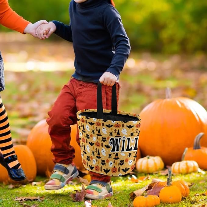 Personalized Halloween Trick or Treat Candy Bag with Name Custom Text Party Tote Bucket Halloween Candy Basket Gift (Bag-4)