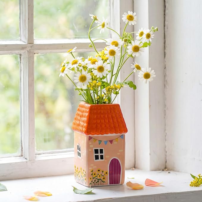 Remerry Ceramic House Shape Vase 2.4 x 3.8 Inch Mini Handmade Vase Decorative Small Flower Container for Living Room Bedroom Farmhouse Home Table Decor Cute Birthday Gift (Orange)