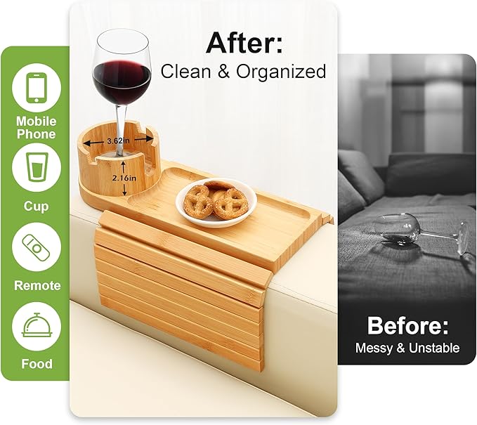 Couch Cup Holder,Bamboo Couch Arm Tray with 360° Rotating Cup Holder,Foldable Anti-Slip Sofa Arm Chair Tray for Eating Snack Drink Side Table