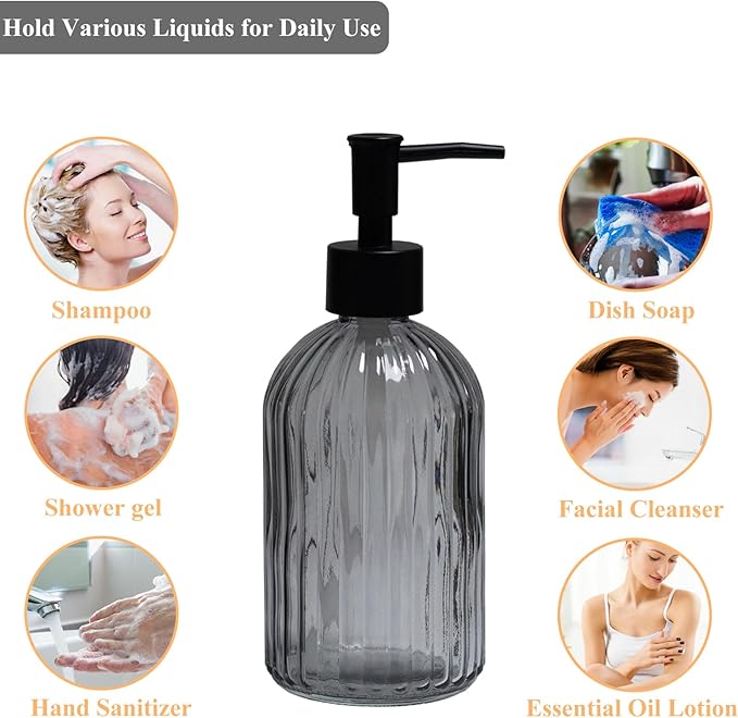 YYTSGG Grey Glass Soap Dispenser with Black Plastic Pump, 13.5oz Refillable Liquid Hand Soap Dispenser, Lotion Dish Soap Dispenser for Modern Home Decor, Bathroom, Kitchen Countertop, Hotel
