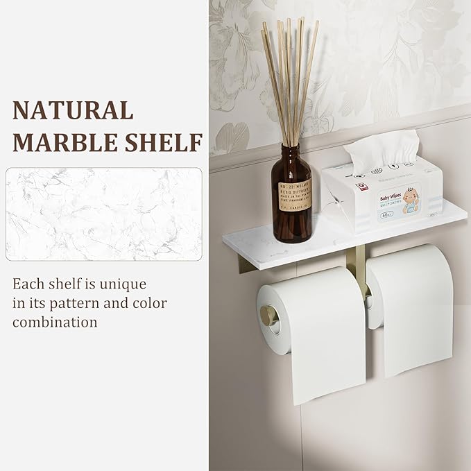 BWE Double Toilet Paper Holder with Shelf, Wall Mounted Tissue Roll Holder for Bathroom, Commercial Toilet Paper Dispenser, Marble Toilet Paper Storage Holder with Phone Shelf (Brushed Gold)