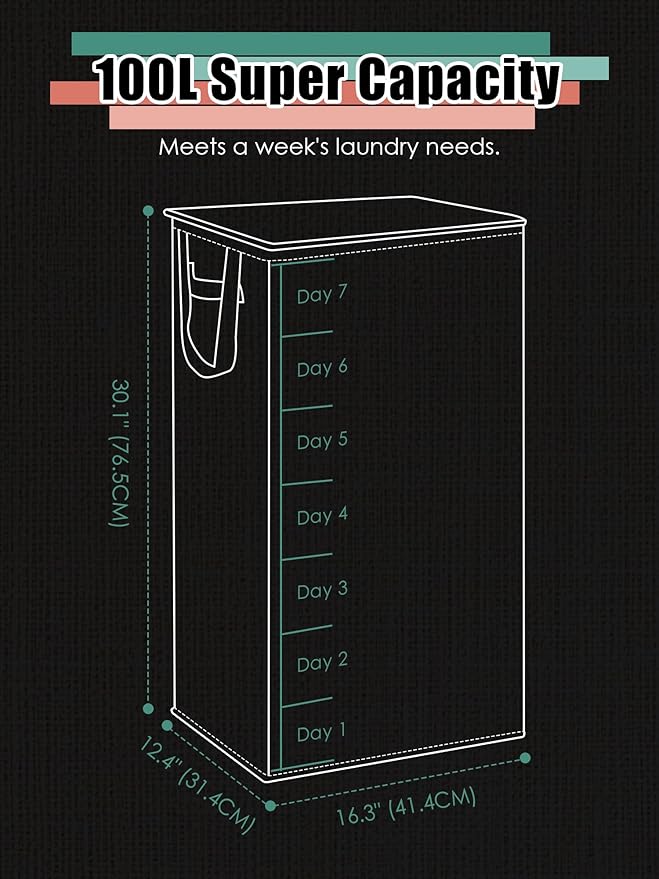 WTREE Laundry Hamper with Lid, Reinforced Sturdy Clothes Hamper with Anti-Puncture Base, Large Collapsible Laundry Basket with Removable Liner Bag, Tall Dirty Clothes Bin for Family, 100L Grey