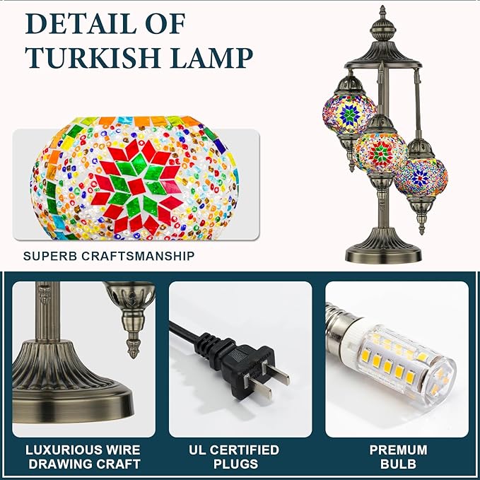 Marrakech Turkish Lamp 3 Globes Moroccan Table Lamp with Bronze Base, 23" Tall Handmade Colorful Tiffany Mosaic Glass Night Light Fixture Including LED Bulb for Living Room Bedroom Decor