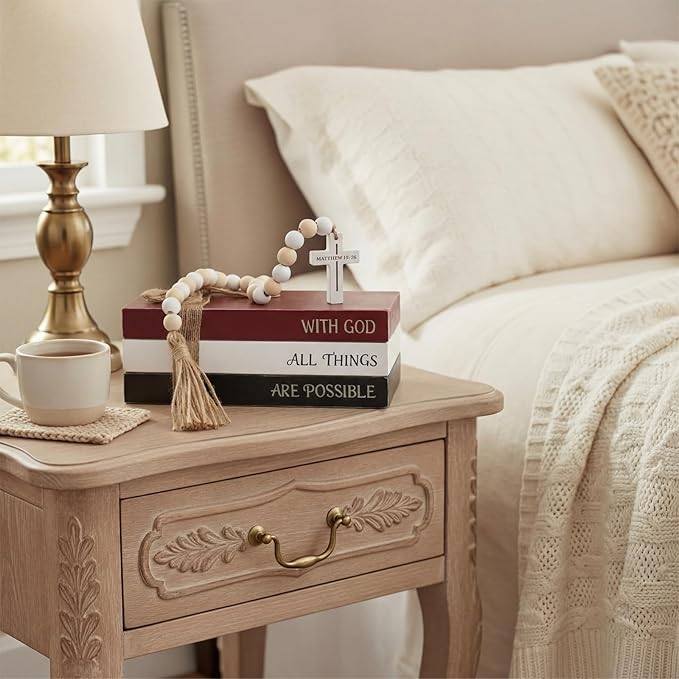 Tatuo 4 Pcs Wooden Farmhouse Decorative Books for Home Decor Coffee Table Faux Books for Decoration White Fake Decorative Stacked Display Set with Beads Garland Shelf Living Room Decor (Christian)