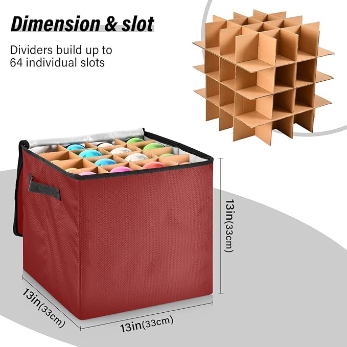 Red Christmas Ornament Storage Basket Box Holiday Storage Container Cube with Adjustable Dividers for 64 Holiday Ornaments or Decorations Keeps Clean and Dry for Next Season