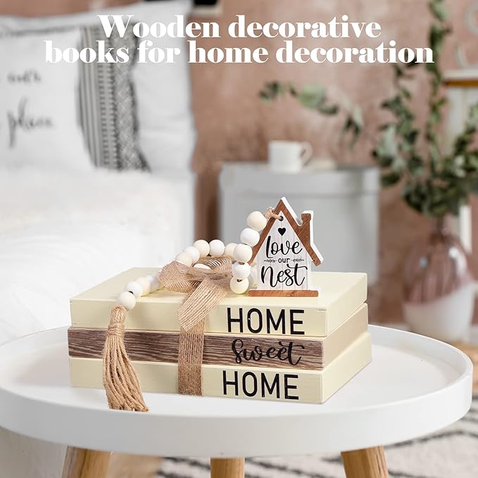 Tatuo 4 Pcs Wooden Farmhouse Decorative Books for Home Decor Coffee Table Faux Books for Decoration White Fake Decorative Home Sweet Stacked Display Set with Beads Garland Shelf Living Room Decor