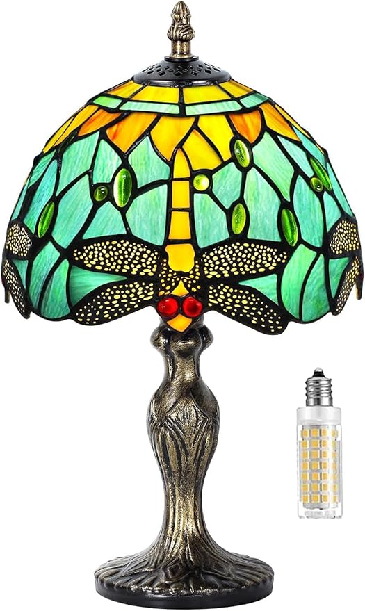 MIAOKE Stained Glass Table Lamp,Stained Glass Crystal Bead Style Table Light,Handmade Desk Bedside Night Light,Antique Art Craft Gifts Living Room Bedroom Bookcase(Water-Rippled Dragonfly)