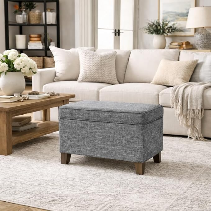 HomePop Home Decor | Medium Square Storage Ottoman with Hinged Lid | Ottoman with Storage for Living Room & Bedroom, Grey