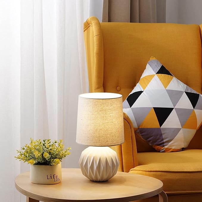 White Ceramic Table Lamp, Geometric Textured Small Bedside Lamp with Linen Shade, Mid Century Modern Nightstand Lamp for Bedroom Living Room Reading Room, H 12" x W 6.7", 7W LED Bulb Included