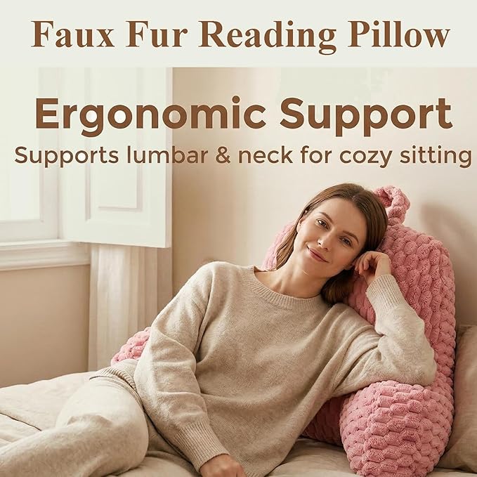 Faux Fur Reading Pillow for Bed Adults, Ultra Soft Plush Floor Backrest Pillow with Side Pockets for Bed & Couch, Perfect for Reading, Watching TV, Gaming, Relaxing, Pink