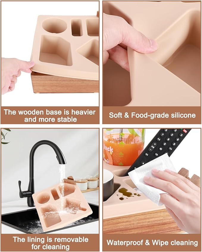 Couch Cup Holder Tray, Silicone Wooden Couch Caddy with Cup Holder for Snacks, Drinks, Remotes, Waterproof Cup Holder for Couch, Organizer, Couch Drink Holder, Easter Gifts