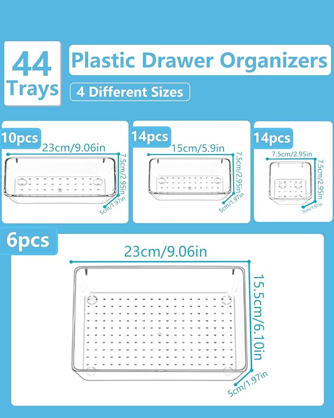 Clear Drawer Organizers Set of 44, 4-Size Vanity Organizer Trays, Stackable Bathroom & Desk Drawer Organizer for Makeup, Jewelry, Kitchen Utensils, Office Supplies and Small Gadgets Storage