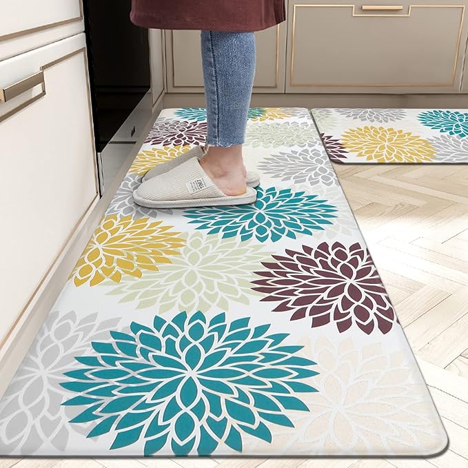 HEBE Anti Fatigue Kitchen Rugs Sets of 2, Non Slip Kitchen Mats for Floor, Waterproof Cushioned Comfort Standing Carpet for Kitchen Sink, Home Office, Laundry Room, Colorful