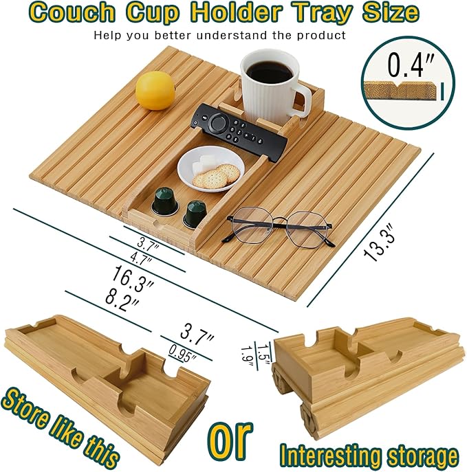 Bamboo Couch Cup Holder Arm Tray Table，Foldable Couch Drink Holder Armrest Table，Sofa Arm Rest Tray，Flexible Arm Chair Table Tray Recliners for Drink,Cups, Snacks, Phone, Remote (Bamboo)