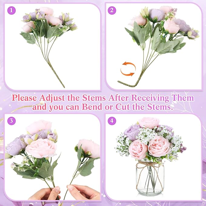 Zeyune Mason Jar Centerpiece Table Decorations, Artificial Peony Baby's Breath Flower Bouquets, Faux Flowers with Vase, Rustic Decor Gifts for Home, Wedding, Holiday (6 Sets,Purple,Pink)