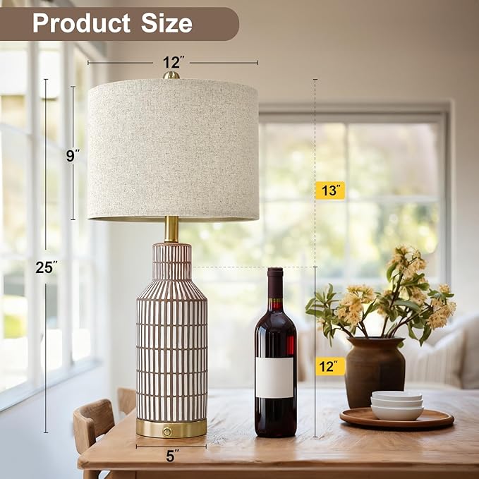 USumkky 25" Modern 3-Way Dimmable Touch Control with USB A+C Ceramic Lamps Set of 2 Table Lamp for Living Room Bedroom Farmhouse Nightstand Bedside Brown